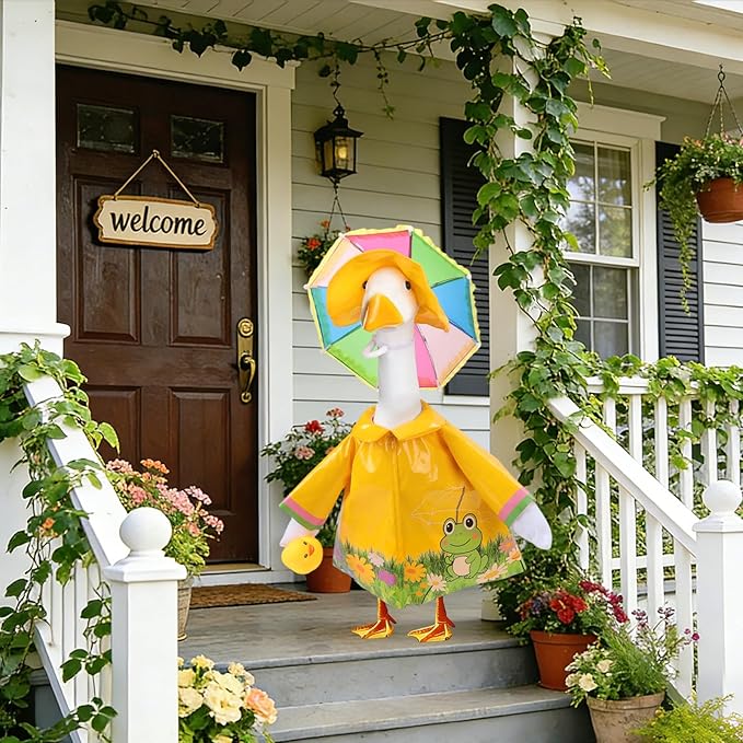 GJL Porch Goose Raincoat Outfit Fits 23 Inch Plastic Cement Goose Statue, Lawn Goose Clothes Set with Umbrella and Hat for Spring Summer Outdoor Yard Garden Decor