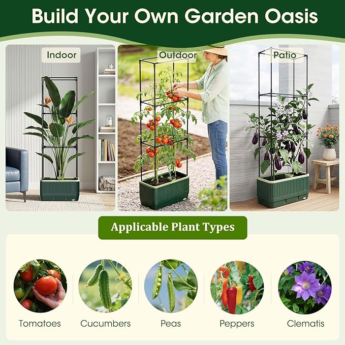 51" Self Watering Planter Box with Trellis, Tomato Planter Trellis for Raised Garden Bed, Tomato Cage with Visual Water Indicator, Indoor Outdoor Tomato Cages for Garden Patio