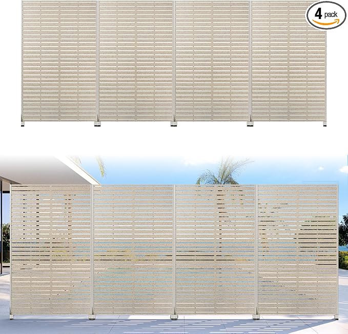 Privacy Screen Outdoor 72" Hx47 W Freestanding Privacy Panel with Stand, HDPE Decorative Privacy Fence with Sandblasting Louver Pattern, Patio Divider Screen, Privacy Screens for Outside