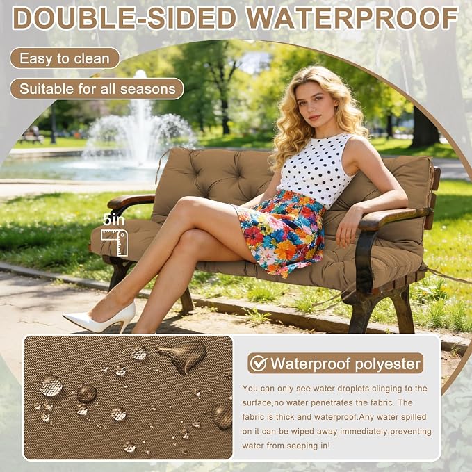Porch Swing Cushions 60 inch Waterproof & Fade Resistant Thicken 5" Outdoor Swing Cushions 3 Seater Replacement with Backrest & Ties Patio Swing Cushions for Outdoor Furniture (Brown)