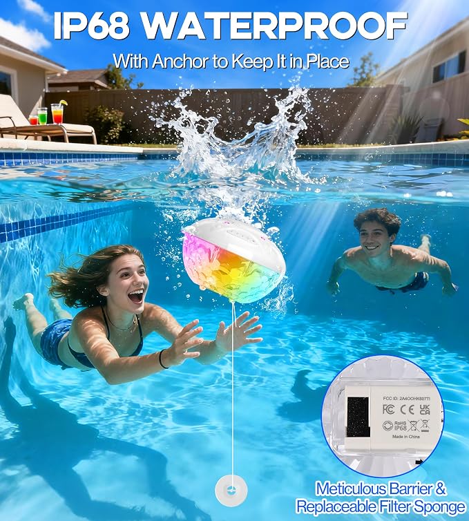 Luxfero 3 in 1 Pool Fountain with Bluetooth Pool Speaker, Floating Pool Fountain with Lights, IP68 Waterproof Hot Tub Speaker Pool Water Fountain Pump, BT5.4, Loud Sound Pool Fountain Speaker-White