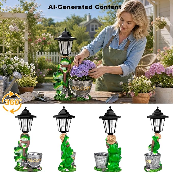 Solar Frog Garden Statue, Outdoor Decor with Flowerpot & Lantern Frog Figurine Lights for Yard Art Lawn Ornaments Porch Patio Balcony - Gifts for Housewarming Birthday