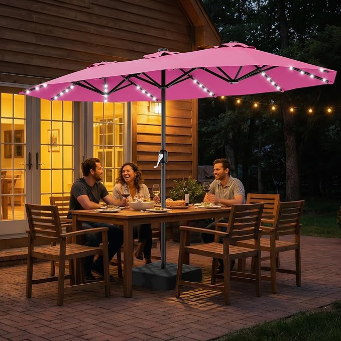 AreShark 13 FT Patio Umbrella with Solar Lights, Double-Sided Outdoor Table Umbrellas with Crank, Large Rectangular Market Umbrella for Porch, Lawn, Pool, Backyard, Rose Pink