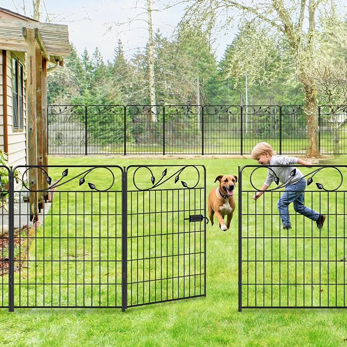 Decorative Metal Garden Fence with Gate 36in(H) X18.6ft(L) 1 gate+7 Panels Border Fences Animal Barrier for Dogs No Dig Leaf Black Garden Fencing for Yard Lawn Patio Outdoor