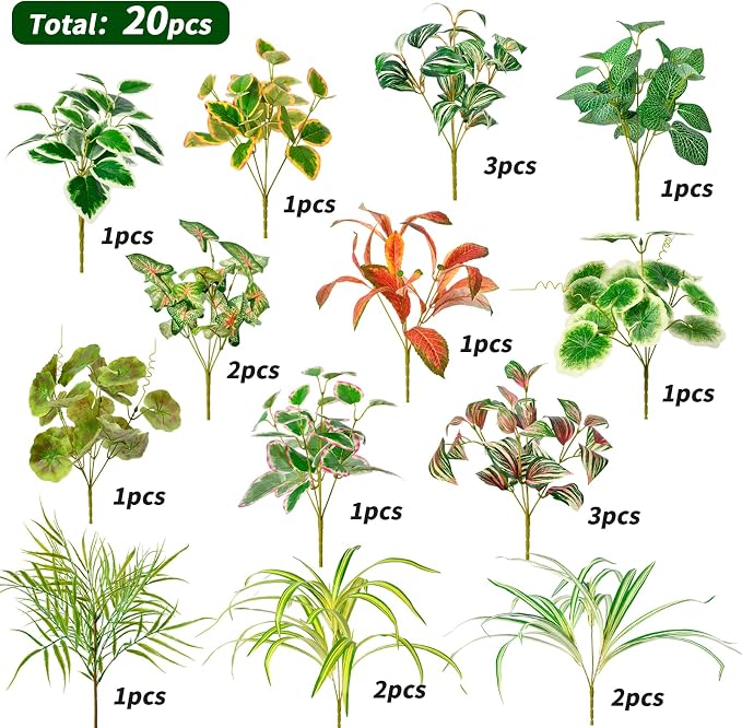 Artificial Plants Outdoor Greenery Stems, 20PCS Faux Greenery Bushes UV Resistant Plastic Shrubs with Real Touch Flexible Leaves, Fake Plants for Planter Garden Patio Porch Window Box Fence Yard Decor