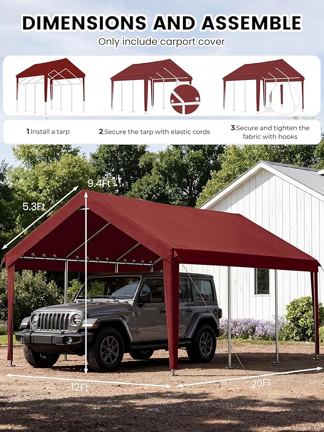 12 x 20 Ft Carport Replacement Cover, Heavy Duty Outdoor Car Tarp Canopy, Waterproof & UV Protected Tear Oxford Tarp with Ball Bungees (Frame is Not Included)
