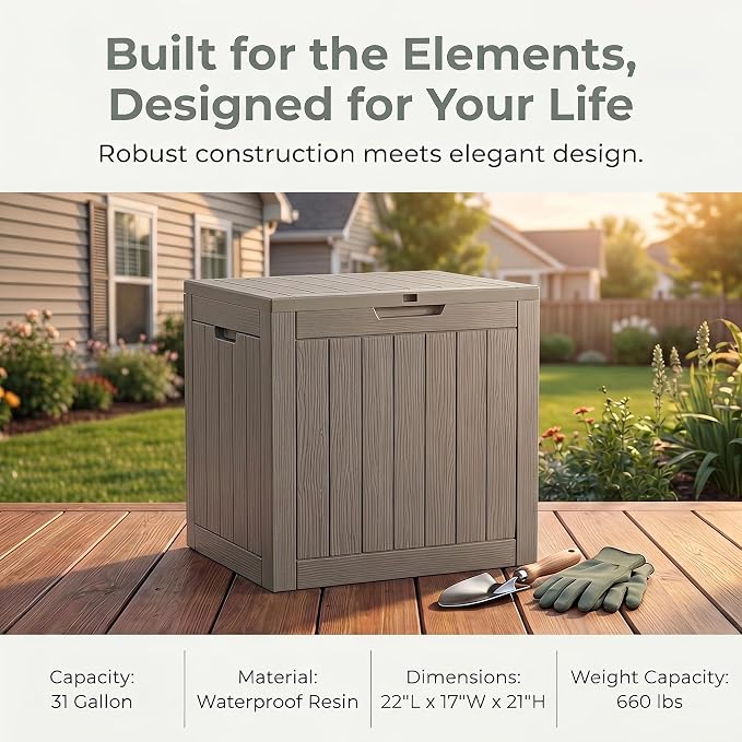 NicBex 30 Gallon Deck Box, Waterproof Resin Outdoor Storage Box Lockable for Patio Furniture, Fade Resistant Patio Side Table & Organizer for Garden Tools, Pool Floats, Outdoor Cushions, Light Coffee