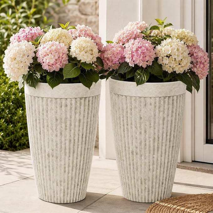 20" Resin Tall Planters for Outdoor Plants,Set of 2 Vintage Ivory Large Flower Pots with Handmade Fluted Texture,Heavy-Duty and Weather-Resistant for Porch Christmas Decor,Garden, Patio