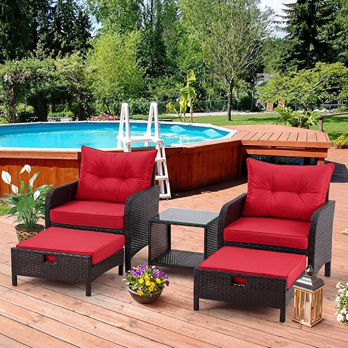 DoubleFill 2 Pcs Outdoor Ottoman Cushion 23"x19"x3" Waterproof Fade Resistant Outdoor Footstools Cushion Removable Patio Ottoman Cushions with Adjustable Fixing Strap for Stool (Red)