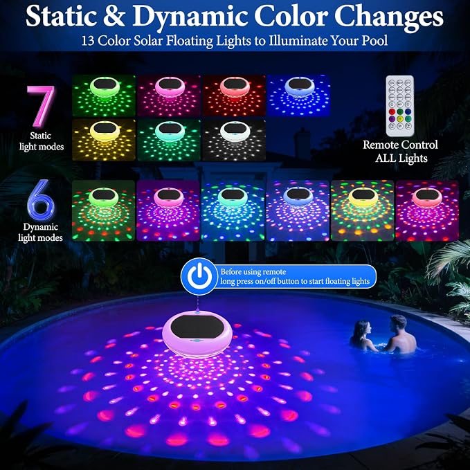 Solar Rechargeable Floating Pool Lights (2 PCS), 2600mAh Rechargeable Pool Lights with Remote, 6.7 Inch Solar Pool Lights That Float with 13 RGB Color Change, IP68 Waterproof Floating Light for Pools