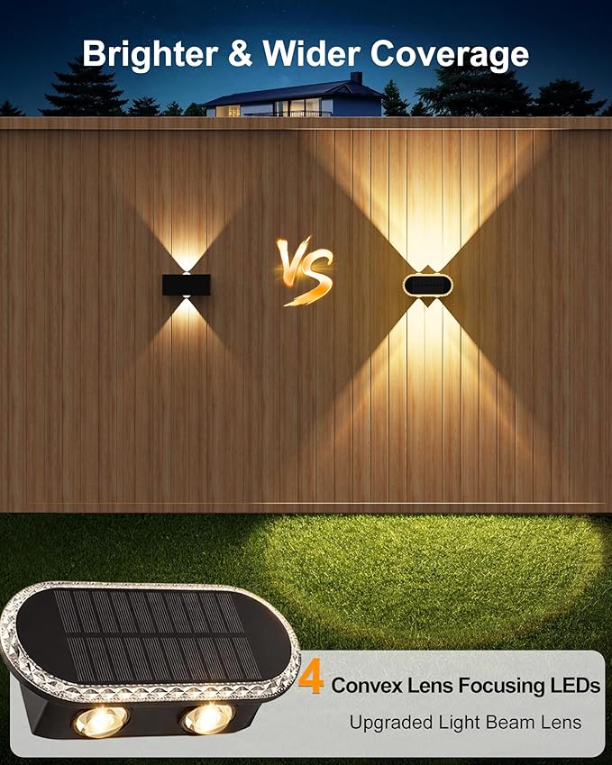 Fence Lights Solar Powered: Outdoor Wall Lighting IP65 Waterproof - Dual Focused LED Up Down - 3000K–6000K 3 Modes for Porch Backyard Patio - Diamond Crystal Cut Design 6 Pack