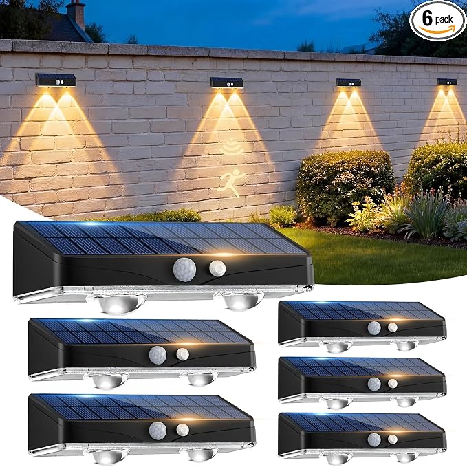 kolpop Warm White Solar Fence Lights Solar Powered,6 Pack Motion Sensor Fence Lights Outdoor,IP65 Waterproof,3 Lighting Modes LED Solar Lights for Backyard,Patio,Railing,Wall,Nighttime,Party