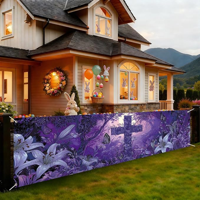 Purple Christian Cross Fence Banner 118 x 35 Inch, Large Waterproof Outdoor Religious Floral Banner with Lilies & Butterflies for Yard Church Decorations