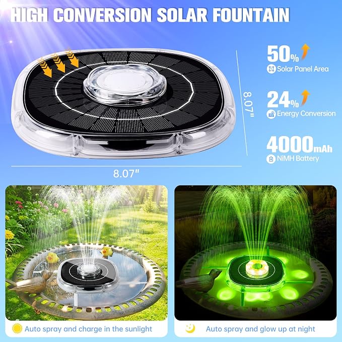 Solar Fountains with Lights, 2026 Upgrade Solar Bird Bath Fountain Pump, Floating Solar Water Fountain Outdoor, 4000mAh Battery Solar Birdbath Fountains for Pool,Pond,Garden-Blue