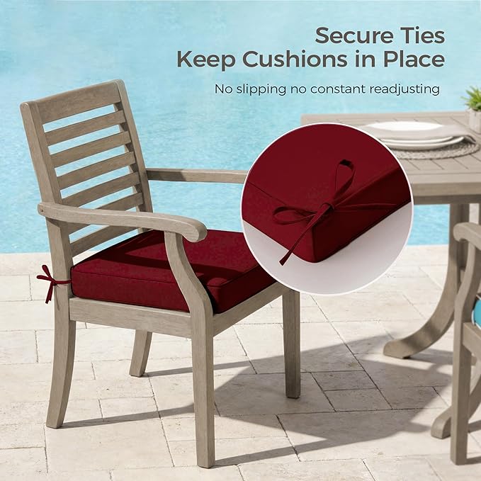 UNIKOME Outdoor Chair Cushions Set of 4, Water Resistant Patio Seat Cushions with Ties for Outdoor Furniture, High-Density Foam, UV & Fade Resistant, Piped Edge – 19" x 19" x 3", Wine Red