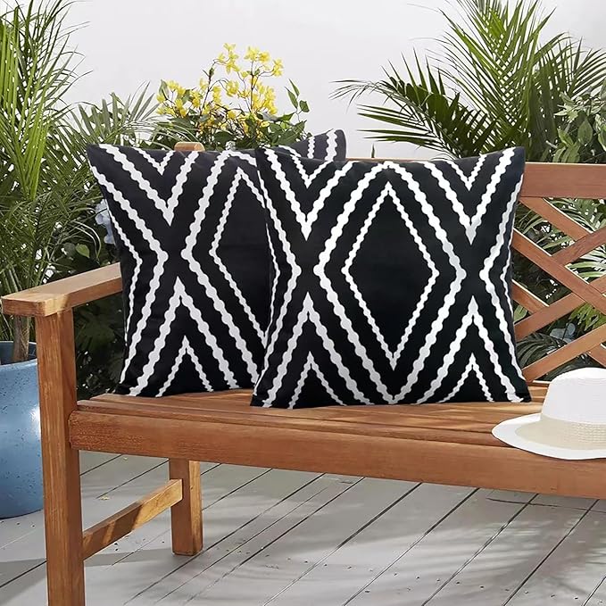 Adabana Outdoor Waterproof Throw Pillow Covers Set of 2 Boho Geometric Pillows Cover for Patio Garden 16 x 16 Inch Black and White
