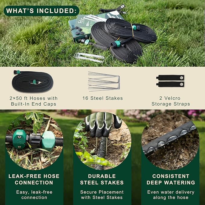 100 FT Flat Soaker Hose (2 x 50 FT) – Drip Irrigation for Garden Beds, Raised Beds & Landscaping – Kink-Resistant, Even Watering, Includes 16 Steel Stakes & Storage Straps