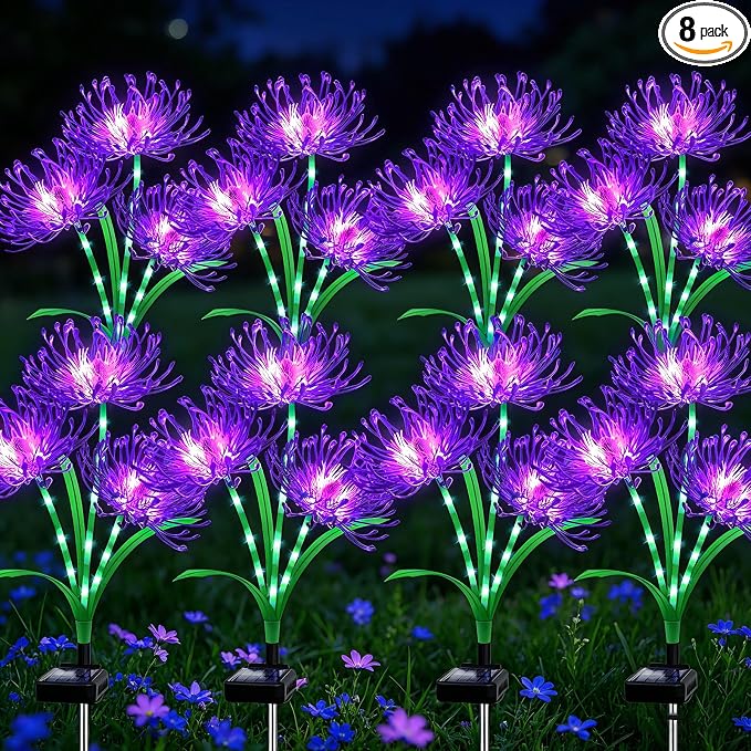 VOOKRY Solar Lights Outdoor, 8 Pack Purple Spider Lily Garden Flower Lights | 3Heads per Stem& Individual Solar Panels, Warm White LED Waterproof Yard Lawn Pathway Decor,Decorative Garden Gifts for Women