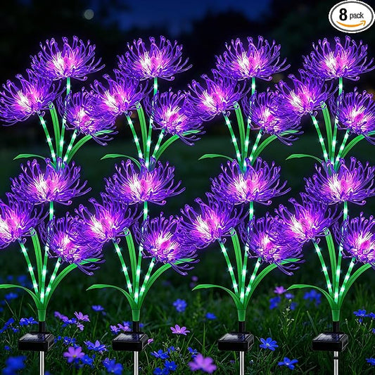 VOOKRY Solar Lights Outdoor, 8 Pack Purple Spider Lily Garden Flower Lights | 3Heads per Stem& Individual Solar Panels, Warm White LED Waterproof Yard Lawn Pathway Decor,Decorative Garden Gifts for Women