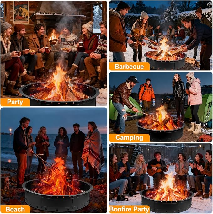 Fire Pit Ring, 31 Inch Round Steel Firepit, Black, Powder Coated, Wood Burning, Air Vent for Efficient Burning