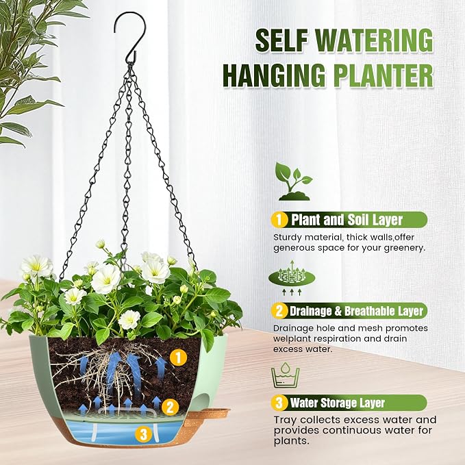 10 Inch Self Watering Hanging Planters, 3 Pack Plastic Plant Pots | Sturdy lightweight pot with side watering lip, drainage holes, snap-on detachable tray & hanging chain for easy care