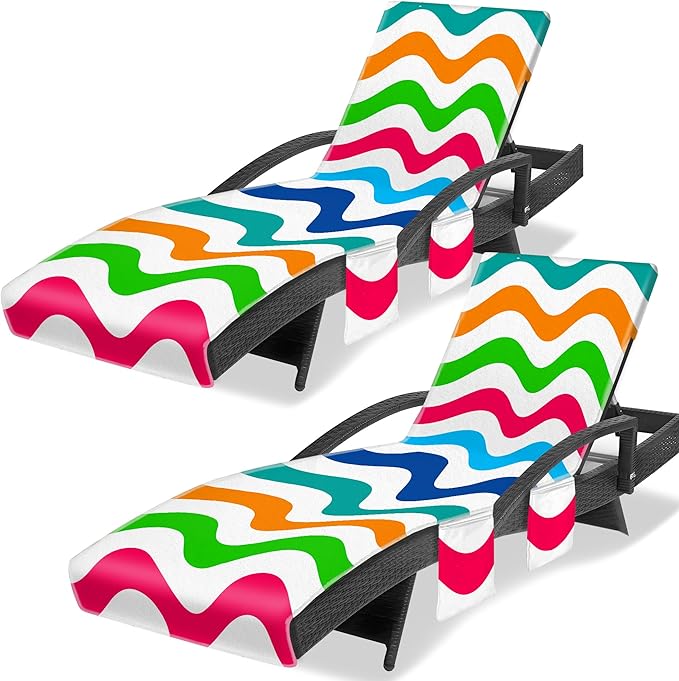 Lounge Chair Towel Cover, Chaise Lounge Cover (Pack of 2), Beach Chair Covers with 3 Pockets for Pool Beach Garden Courtyard Outdoor Trips, 85 x30 in, Wavy Striped Colourful Blue Red