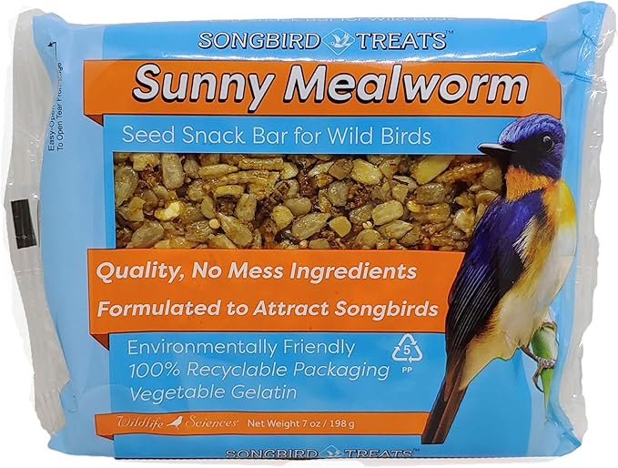Wildlife Sciences Songbird Treats Seed Bars | 12 Pack of 7 oz Bird Seed Cakes for Wild Birds (Sunny Mealworm)