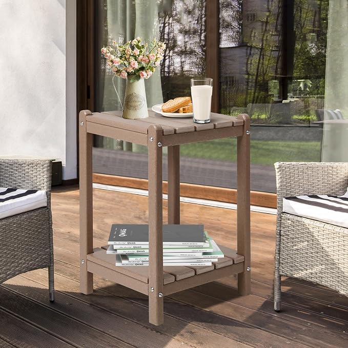 LZRS Adirondack Outdoor End Table, Pool Composite Patio Table,HDPE End Tables for Backyard,Pool, Indoor Companion, Easy Maintenance & Weather Resistant(Weathered Wood)