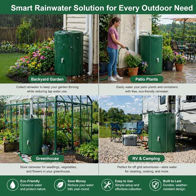 66 Gallon Collapsible Rain Barrel, Portable Rainwater Collection System with Spigot & PTFE Thread Seal Tape, Foldable Water Storage Tank for Garden, Patio & Balcony