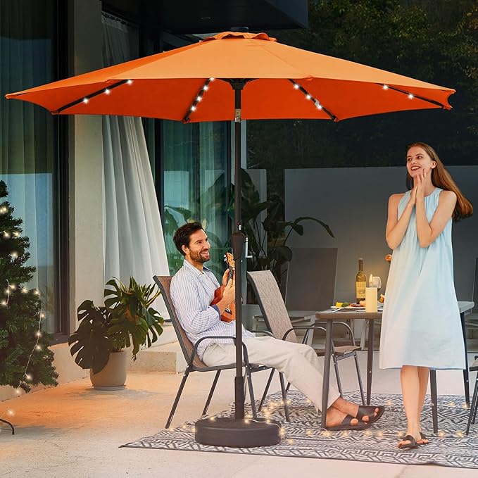 JEAREY 9FT Outdoor Patio Umbrella with Solar Lights, LED Lighted Pool Umbrella with Tilt and Crank, Outdoor Table Umbrellas for Deck, Yard & Market (Orange)