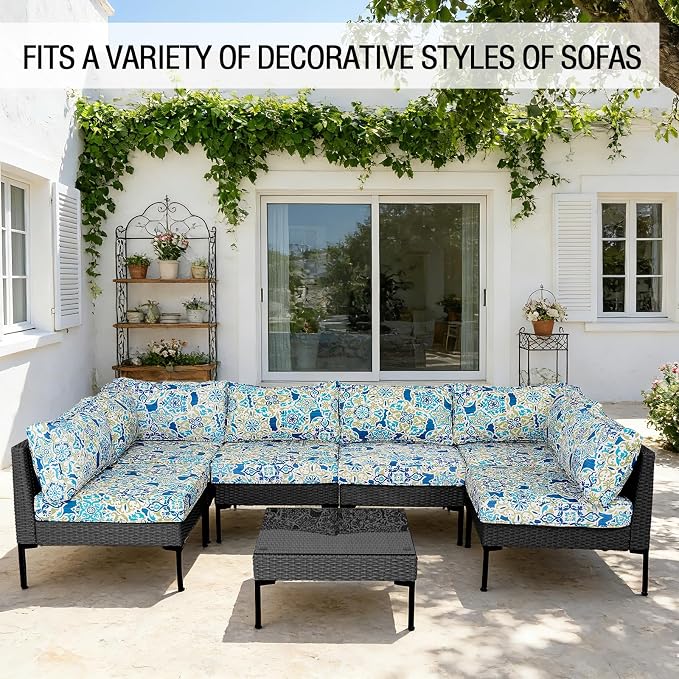 14Pieces Patio Cushion Covers Replacement Outdoor Water-Resistant Couch Covers Splashproof UV-Resistant Furniture Protectors Cushion Sofa Slipcovers Set with Zippers,Cover Only