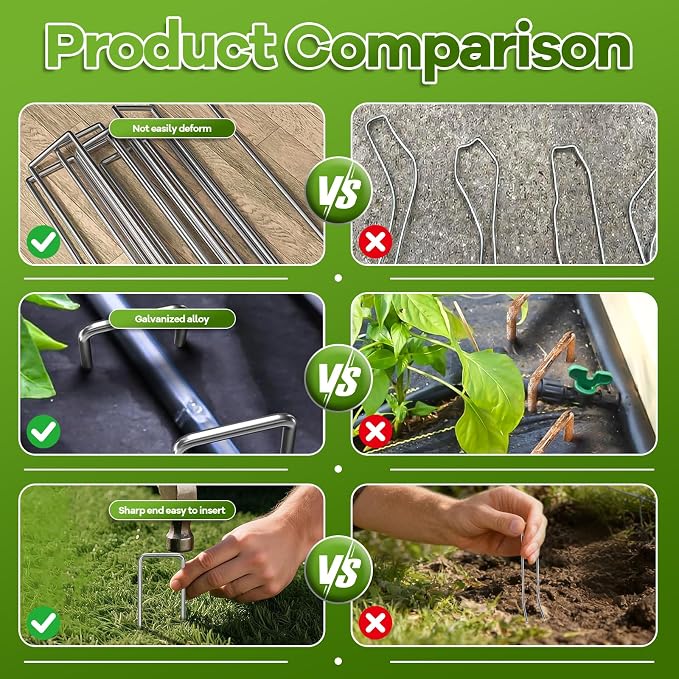 200PCS Garden Stakes Landscape Staples Set, 6 Inch Landscape Fabric Staples with Gasket, 11 Gauge Heavy Duty Galvanized Garden Ground Pins for Weed Barrier, Plant Covers, Irrigation Tubing