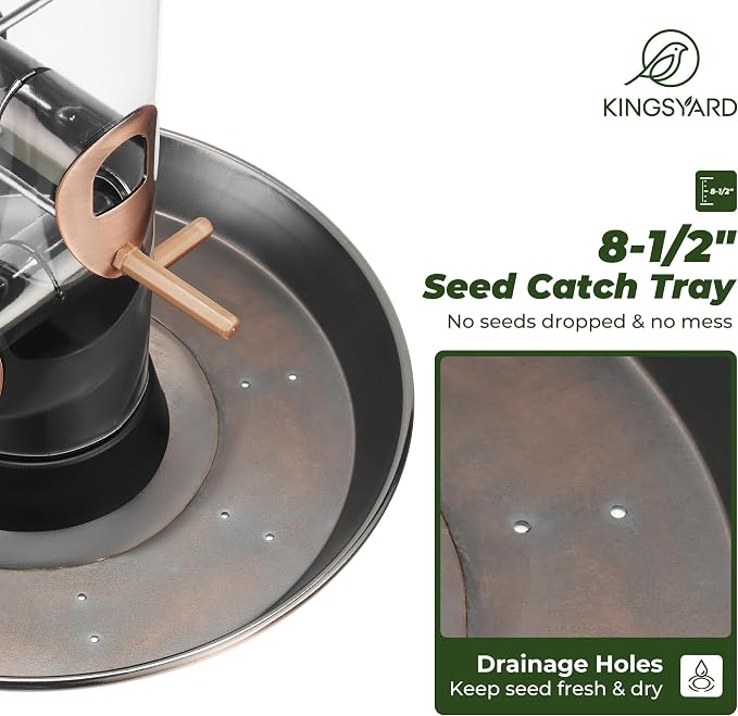Kingsyard Metal Bird Feeders for Outdoors Hanging, Wild Bird Feeder with Large 11.5" Protective Dome and 8" Removable Tray, 3 lb Seeds Capacity (Antique Copper)