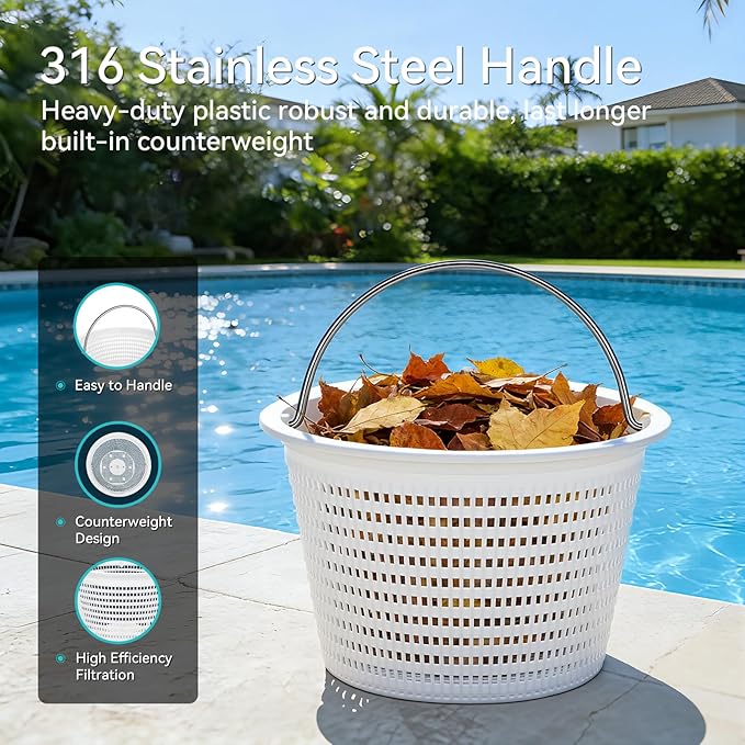 Pool Skimmer Basket for Inground Pools, Heavy-Duty with 316 Stainless Steel Handle & Built-in Weight, Compatible with Hayward SP1070/SP1070E Pool Basket and Pentair U-3 Skimmer Basket