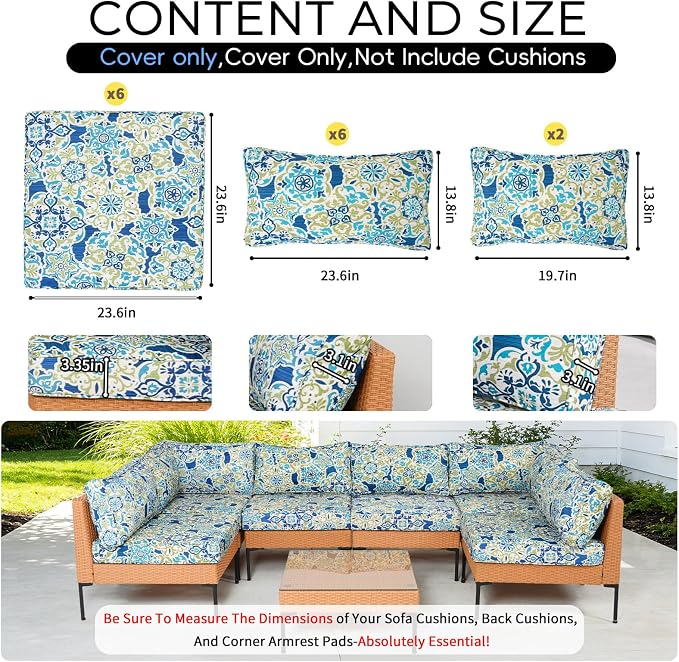 14 Piece Outdoor Patio Cushion Covers Replacement Waterproof with Zipper for 6-Seater Sectional Couch Chair Patio Furniture Conversation Sofa Seat Cushions Slipcovers Set, Only Cover