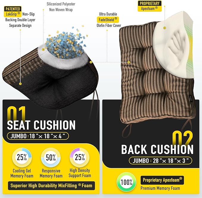 SUNROX Memory Foam Non Slip Rocking Chair Cushion, FadeShield Water Resistant Thicken Durable Tufted Pads, Set of Seat & Back Cushion with Ties for Indoor/Outdoor Rocker, 2 Piece, Cocoa Stripe