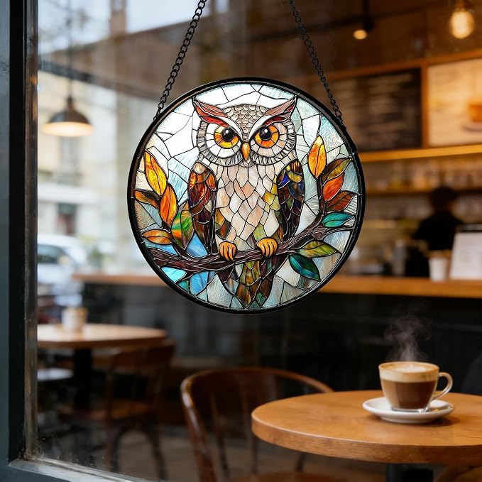 DASTOLL Stained Glass Window Hanging, Owl Colorful Leaves Birds Sun Catchers Diamond Glass Panel Hangings Suncatcher Decor for Birthday for Women, Men, Wife, Aunt, and Mom 7.8 in