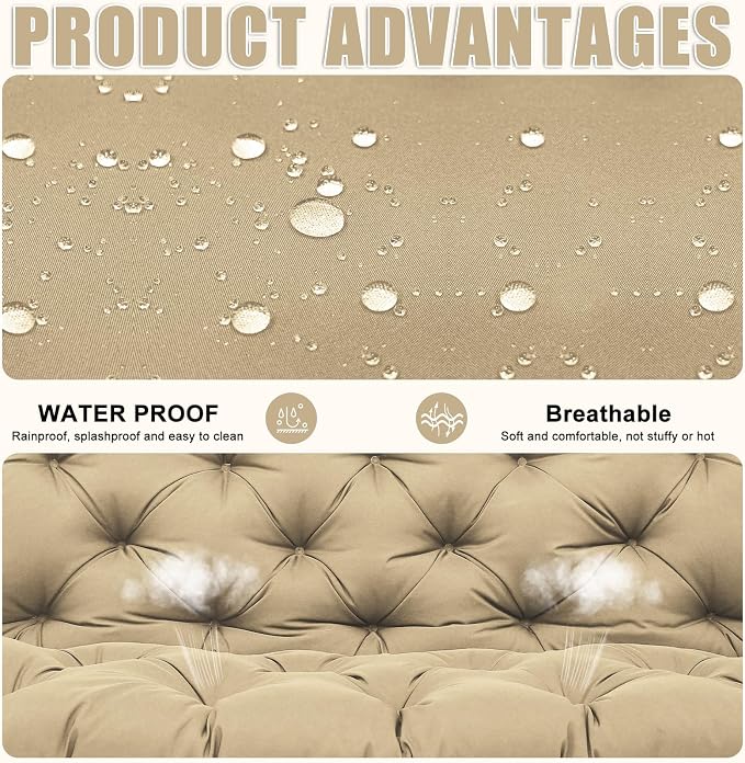 Porch Swing Cushions 2 Seater Replacement Thicken 5" Waterproof Swing Cushions for Outdoor Furniture Bench Patio Swing Cushion with Backrest & Ties(Khaki 48x40x5inch)