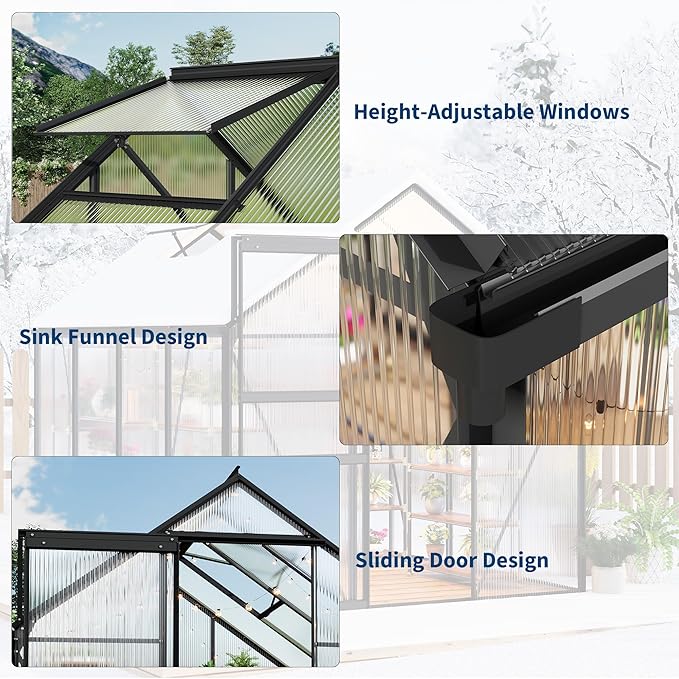 6x8FT Greenhouse for Outdoors, Walk-in Polycarbonate Greenhouse with Sliding Door, Adjustable Roof Vent & Gutter System, Portable Outdoor Green House Kit for Winter Gardening