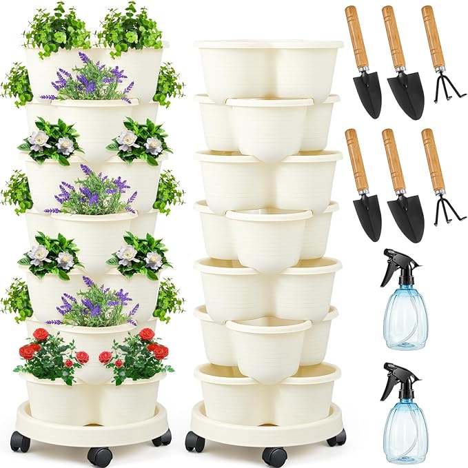 Umigy 1 Set Ivory 7 Tier Stackable Vertical Planters with Removable Wheels and Tools Tower Planters Strawberry Herb Flower Vegetable Pots Indoor Outdoor Gardening Pots