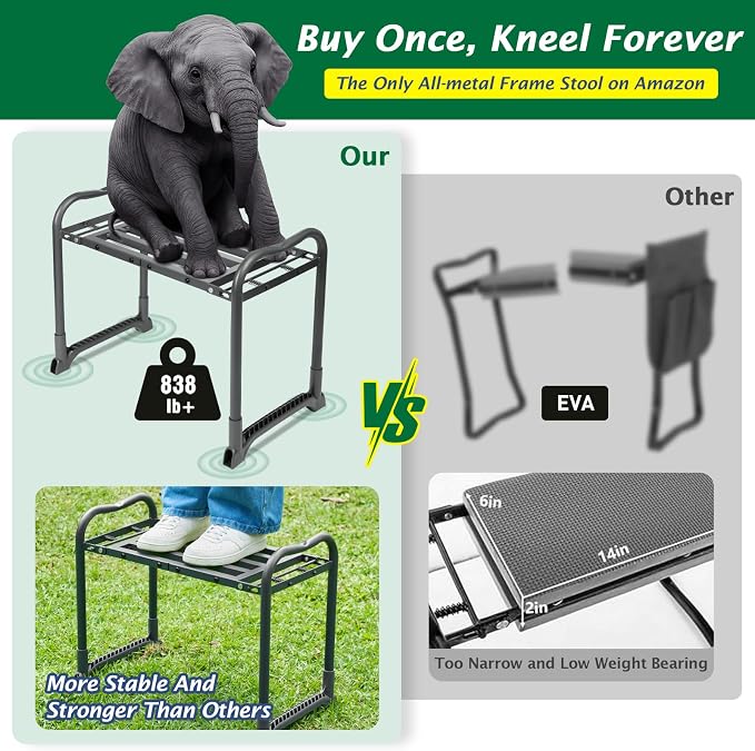 ikkle Garden Kneeler and Seat, Gardening Stool with Thicken & Widen Soft Kneeling Pad, Heavy Duty Foldable Gardener Stool with Tool Pouch, Gift for Gardeners, Holds 838LB+
