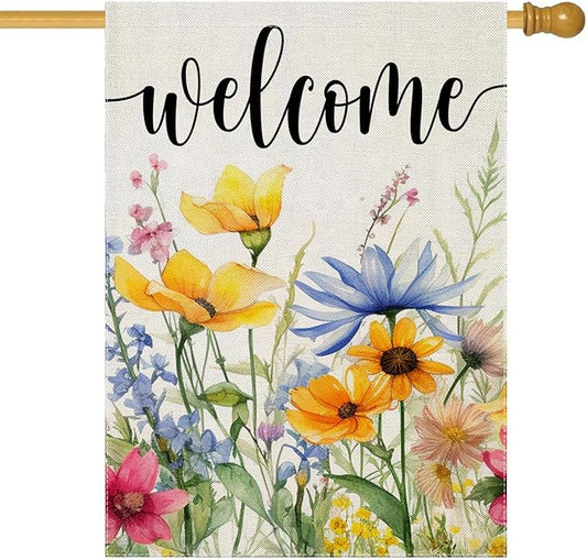 Welcome Flowers House Flags for Outdoor Decoration, Spring Watercolor Floral Large Yard Flag, Decorative Summer Celebration Decor for Seasonal Farmhouse Holiday Outside 28x40 Inch Vertical