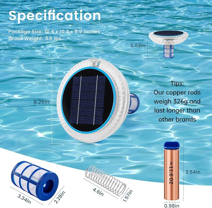 Pool Ionizer Solar with LED Light Plus,Copper Ionization,Floating Automatic Water Cleaner and Purifier,Up to 45,000 Gal,85% Less Chlorine,Chlorine Free Water