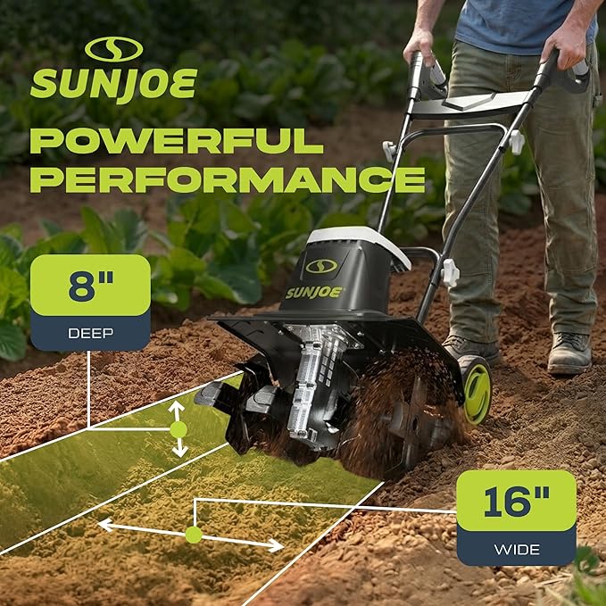 Sun Joe Corded Electric Garden Tiller & Cultivator with Steel Tines, 16 Inch, 12-Amp Motor - Heavy-Duty Tilling Machine for Lawn, Yard, and Gardening Care, TJ603E