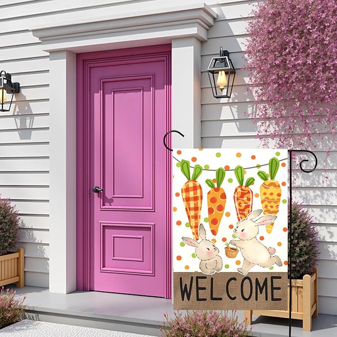 Easter Garden Flag 12 x18 Inch Double Sided Welcome Bunny Carrot Spring Yard Flag Outdoor Farmhouse Porch Decor Cute Rabbit Pattern Seasonal Easter Banners for Garden Lawn Patio Yard Home