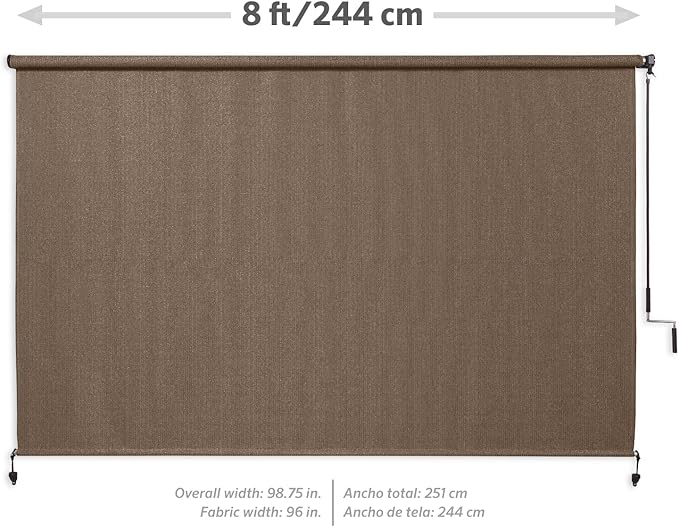 Coolaroo Outdoor Roller Shade with Wand - 95% UV Block Breathable Light Filtering Shade for Patio or Porch, Fade-Resistant, Easy-Clean Fabric, 8ft x 8ft, Walnut