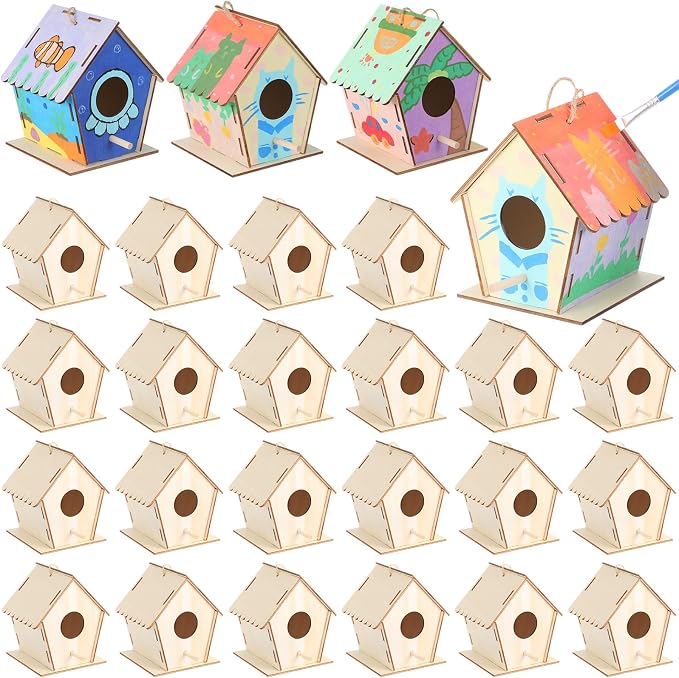 DoubleFill 24 Pack 4. 3" Wooden Bird Houses Bulk for Kids with Front Perch Peg, DIY Kid Art Craft Outdoor Birdhouse Kit Unfinished Hanging Birdhouse Class Activity for Girls Boys to Build and Paint
