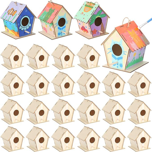 DoubleFill 60 Pack 4. 3" Wooden Bird Houses Bulk for Kids with Front Perch Peg, DIY Kid Art Craft Outdoor Birdhouse Kit Unfinished Hanging Birdhouse Class Activity for Girls Boys to Build and Paint