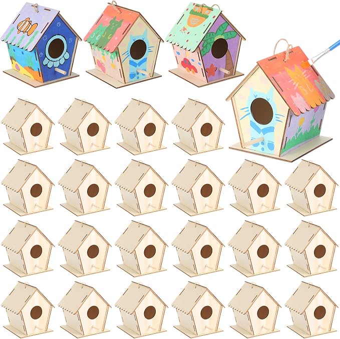 DoubleFill 12 Pack 4.3" Wooden Bird Houses Bulk for Kids with Front Perch Peg, DIY Kid Art Craft Outdoor Birdhouse Kit Unfinished Hanging Birdhouse Class Activity for Girls Boys to Build and Paint