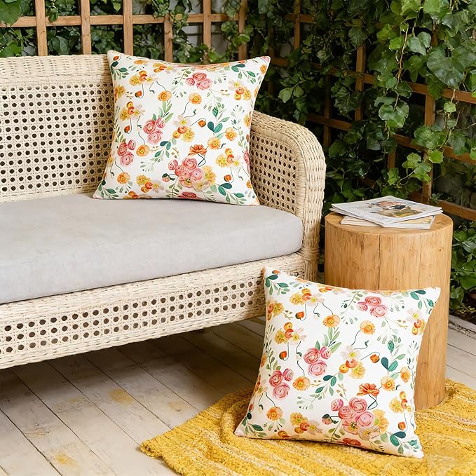 SquarePie Outdoor Pillow Covers 18x18 Inch Set of 2 - Waterproof Rose Square Cushion Covers for Patio Garden Furniture, Watercolor Florals Throw Pillow Cases for Couch Sofa Balcony Bench